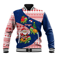 Panama Christmas Baseball Jacket with Santa Claus Sea Turtles Holiday Tree and Red Blue Pattern Design - Wonder Print Shop