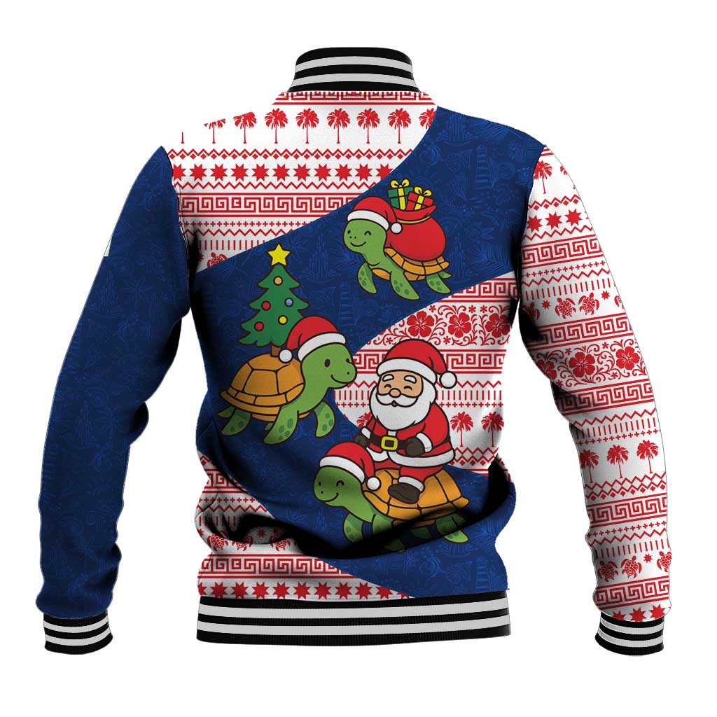 Panama Christmas Baseball Jacket with Santa Claus Sea Turtles Holiday Tree and Red Blue Pattern Design - Wonder Print Shop