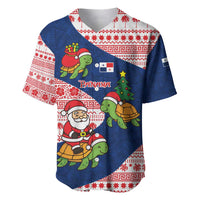 Panama Christmas Baseball Jersey with Santa Claus Sea Turtles Holiday Tree and Red Blue Pattern Design - Wonder Print Shop
