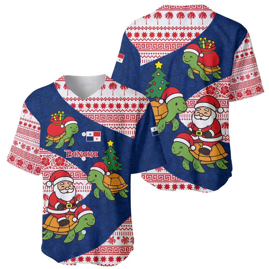 Panama Christmas Baseball Jersey with Santa Claus Sea Turtles Holiday Tree and Red Blue Pattern Design - Wonder Print Shop
