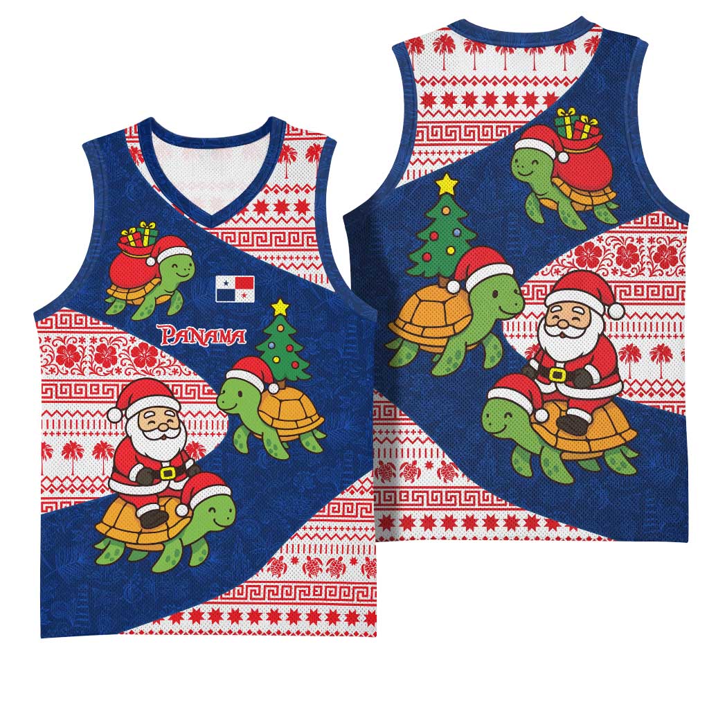 Panama Christmas Basketball Jersey with Santa Claus Sea Turtles Holiday Tree and Red Blue Pattern Design - Wonder Print Shop