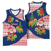 Panama Christmas Basketball Jersey with Santa Claus Sea Turtles Holiday Tree and Red Blue Pattern Design - Wonder Print Shop