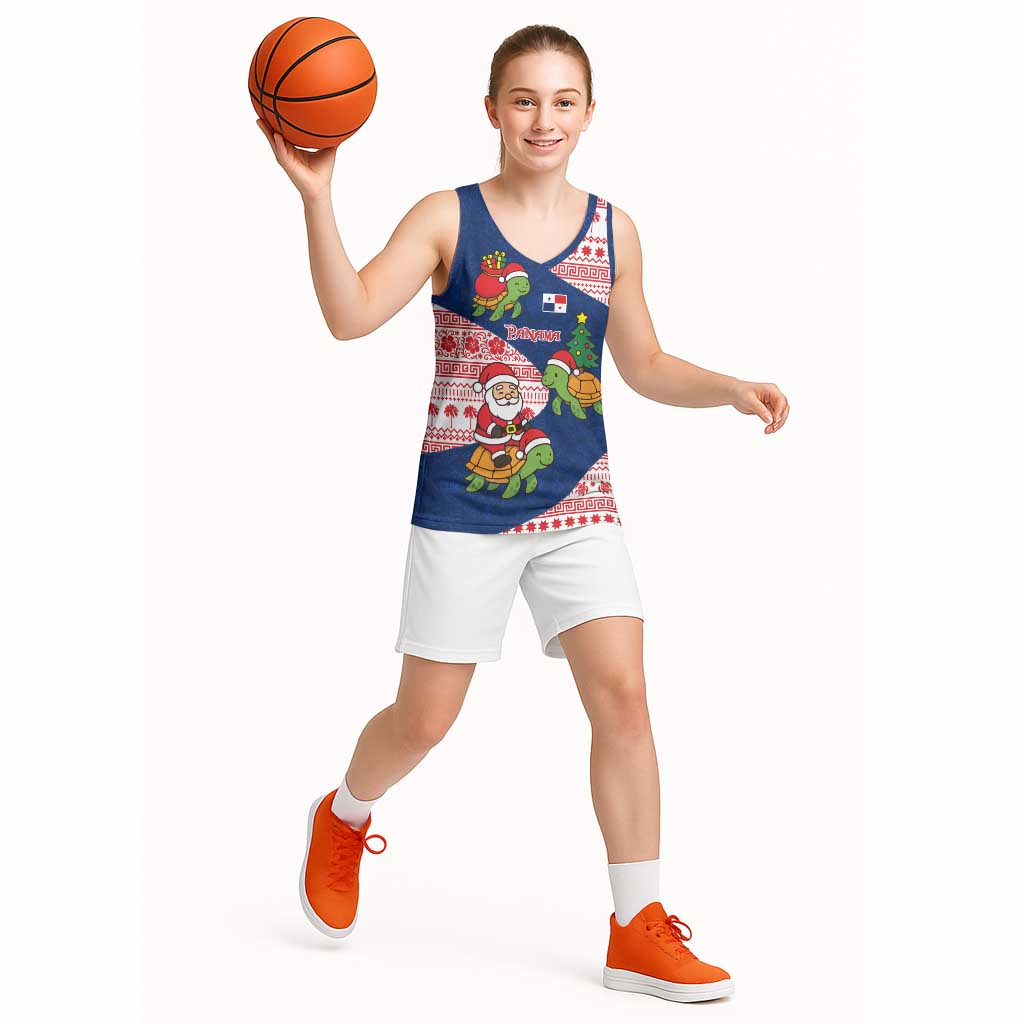 Panama Christmas Basketball Jersey with Santa Claus Sea Turtles Holiday Tree and Red Blue Pattern Design - Wonder Print Shop