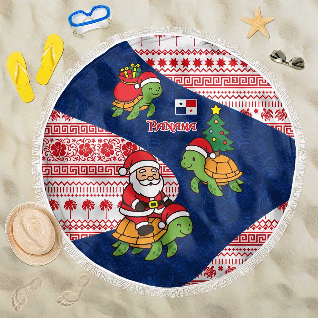 Panama Christmas Beach Blanket with Santa Claus Sea Turtles Holiday Tree and Red Blue Pattern Design - Wonder Print Shop