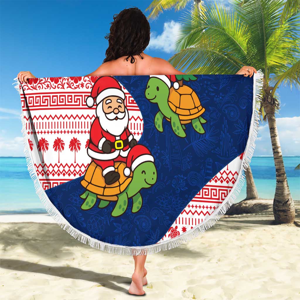 Panama Christmas Beach Blanket with Santa Claus Sea Turtles Holiday Tree and Red Blue Pattern Design - Wonder Print Shop
