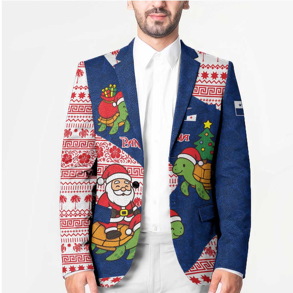 Panama Christmas Blazer with Santa Claus Sea Turtles Holiday Tree and Red Blue Pattern Design - Wonder Print Shop