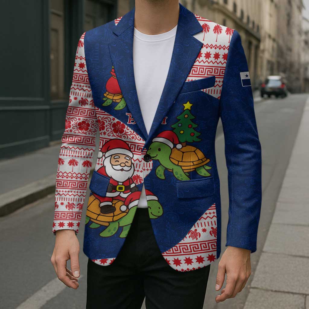 Panama Christmas Blazer with Santa Claus Sea Turtles Holiday Tree and Red Blue Pattern Design - Wonder Print Shop
