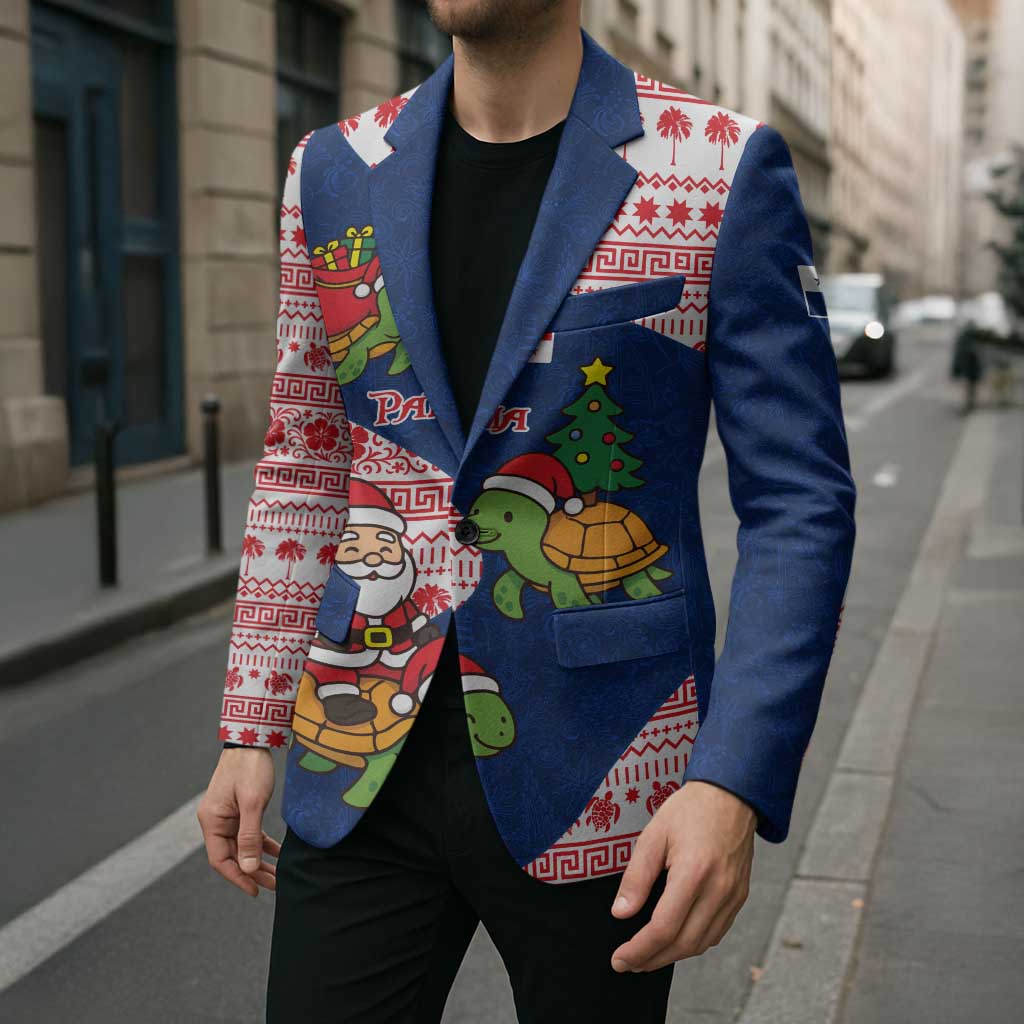 Panama Christmas Blazer with Santa Claus Sea Turtles Holiday Tree and Red Blue Pattern Design - Wonder Print Shop