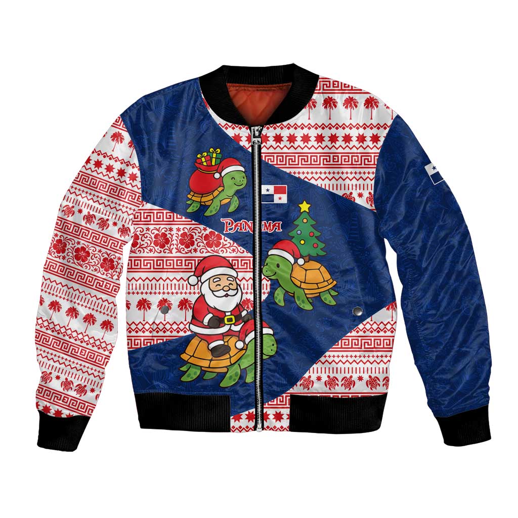 Panama Christmas Bomber Jacket with Santa Claus Sea Turtles Holiday Tree and Red Blue Pattern Design - Wonder Print Shop