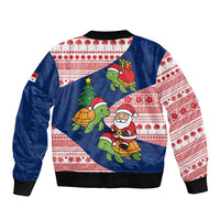 Panama Christmas Bomber Jacket with Santa Claus Sea Turtles Holiday Tree and Red Blue Pattern Design - Wonder Print Shop