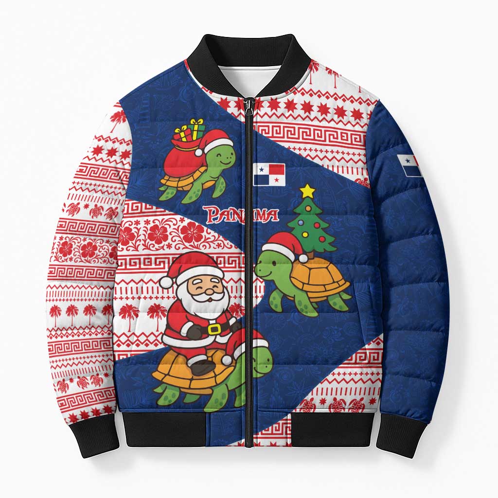 Panama Christmas Bomber Puffer Jacket with Santa Claus Sea Turtles Holiday Tree and Red Blue Pattern Design - Wonder Print Shop