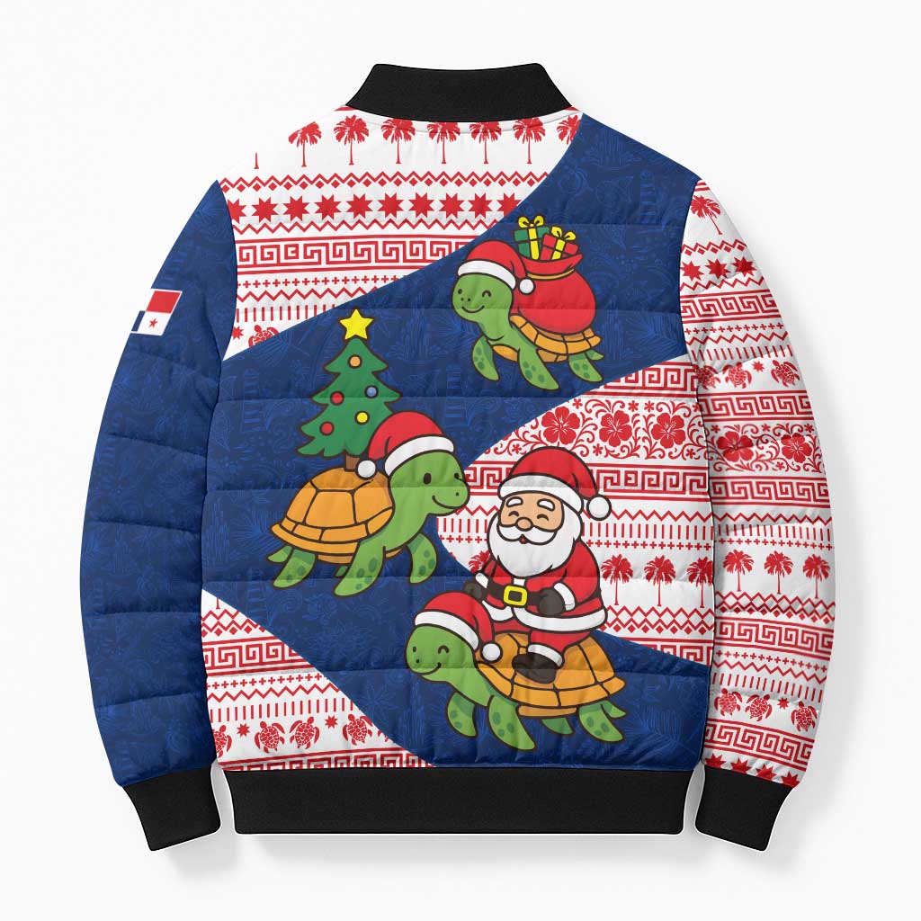 Panama Christmas Bomber Puffer Jacket with Santa Claus Sea Turtles Holiday Tree and Red Blue Pattern Design - Wonder Print Shop