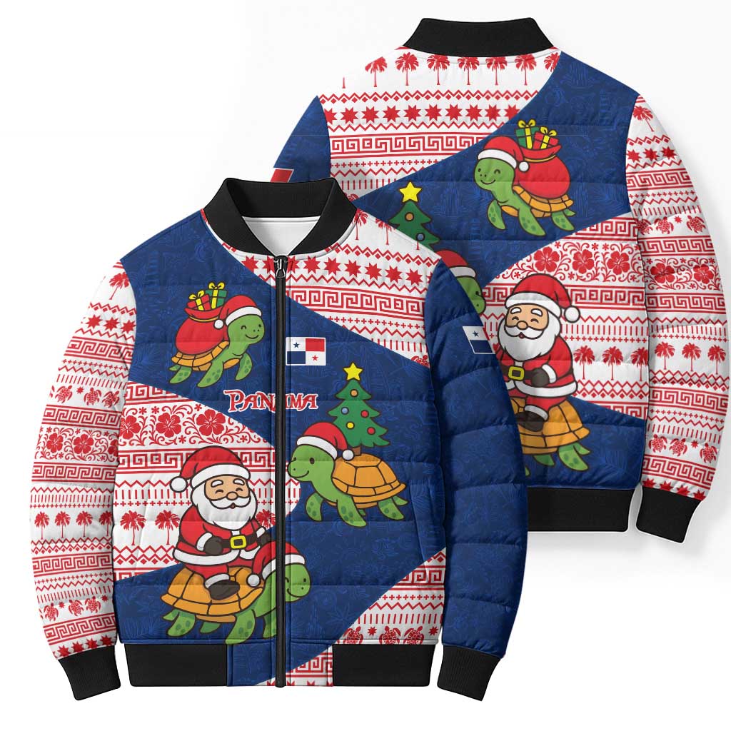 Panama Christmas Bomber Puffer Jacket with Santa Claus Sea Turtles Holiday Tree and Red Blue Pattern Design - Wonder Print Shop
