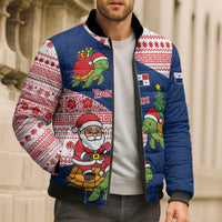 Panama Christmas Bomber Puffer Jacket with Santa Claus Sea Turtles Holiday Tree and Red Blue Pattern Design - Wonder Print Shop
