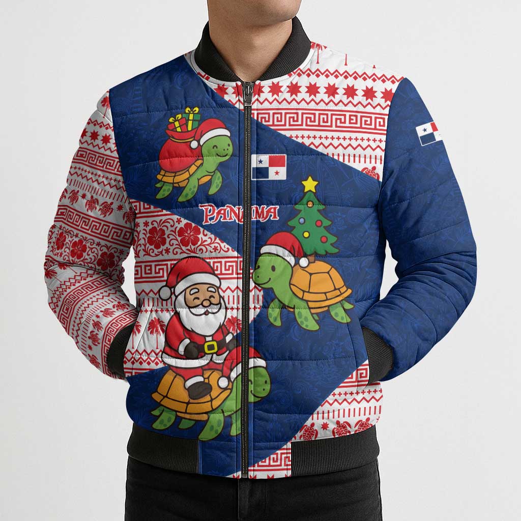 Panama Christmas Bomber Puffer Jacket with Santa Claus Sea Turtles Holiday Tree and Red Blue Pattern Design - Wonder Print Shop