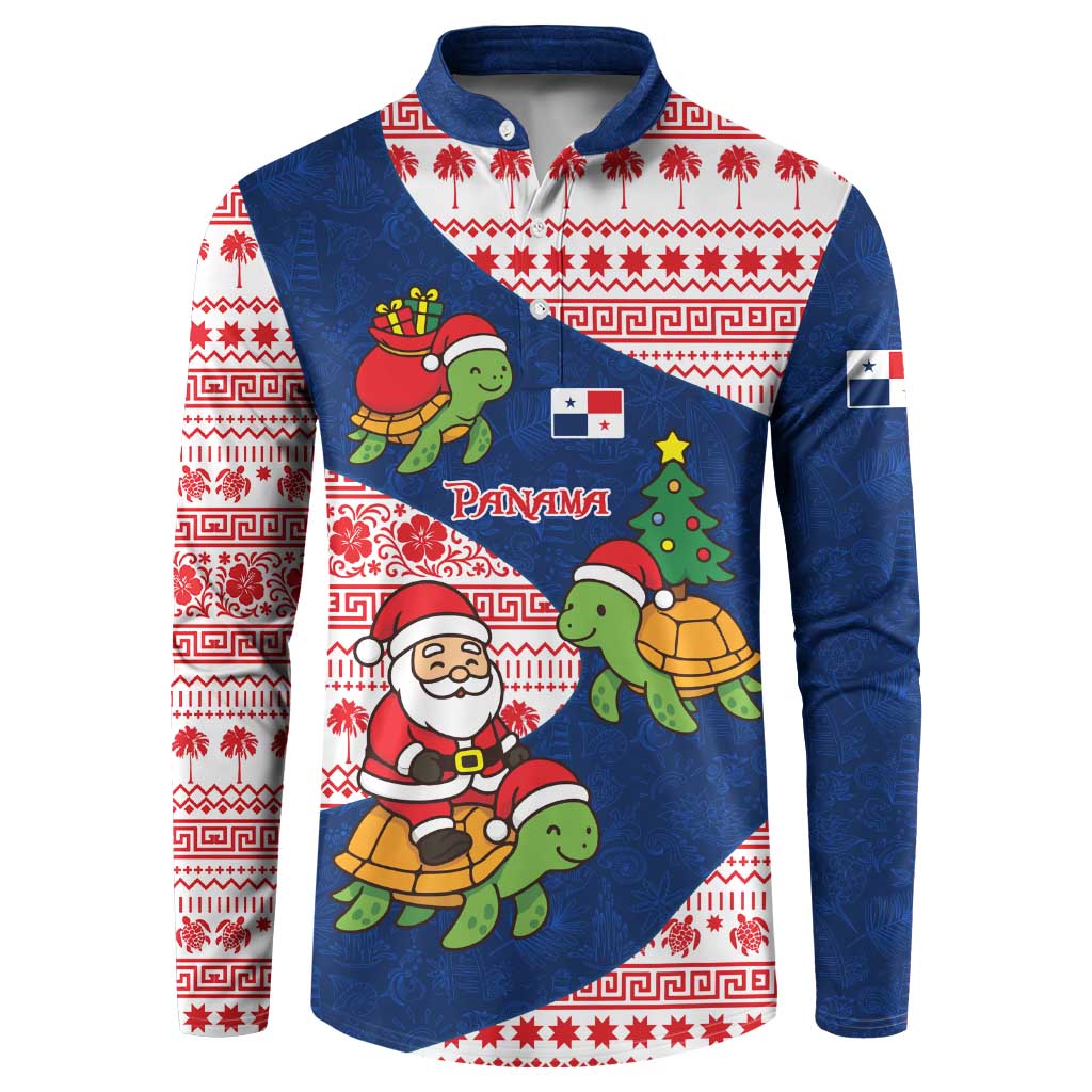 Panama Christmas Button Sweatshirt with Santa Claus Sea Turtles Holiday Tree and Red Blue Pattern Design - Wonder Print Shop