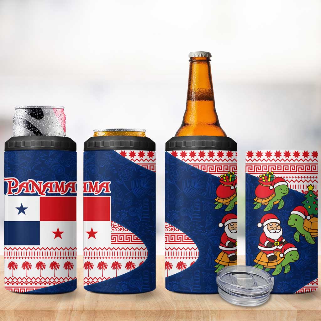 Panama Christmas 4 in 1 Can Cooler Tumbler with Santa Claus Sea Turtles Holiday Tree and Red Blue Pattern Design - Wonder Print Shop