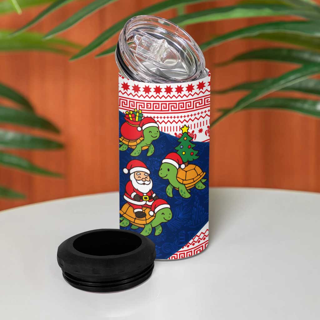 Panama Christmas 4 in 1 Can Cooler Tumbler with Santa Claus Sea Turtles Holiday Tree and Red Blue Pattern Design - Wonder Print Shop