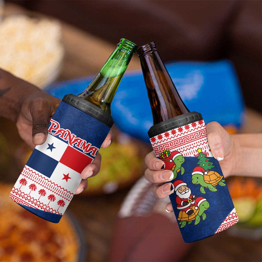 Panama Christmas 4 in 1 Can Cooler Tumbler with Santa Claus Sea Turtles Holiday Tree and Red Blue Pattern Design - Wonder Print Shop