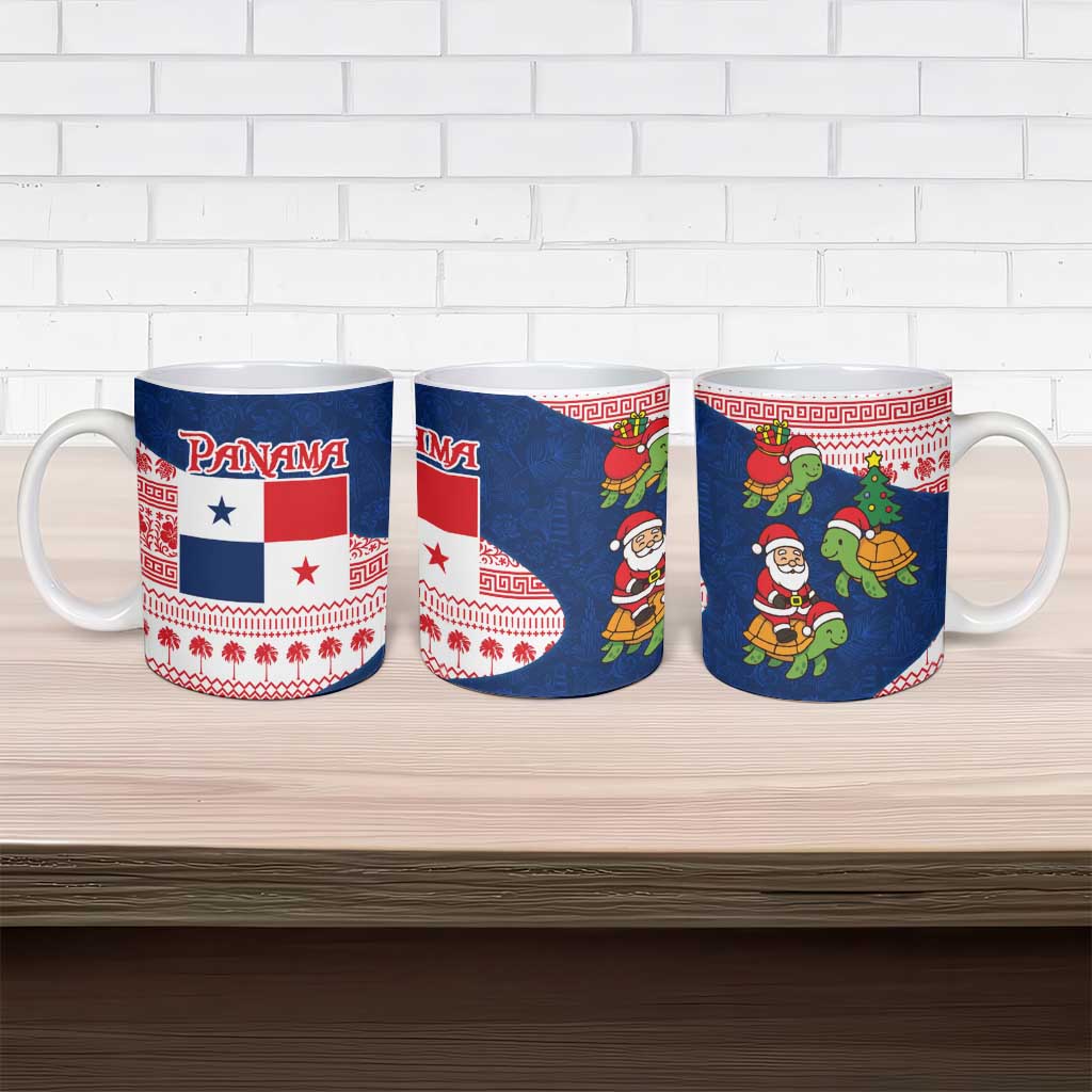 Panama Christmas Ceramic Mug with Santa Claus Sea Turtles Holiday Tree and Red Blue Pattern Design - Wonder Print Shop