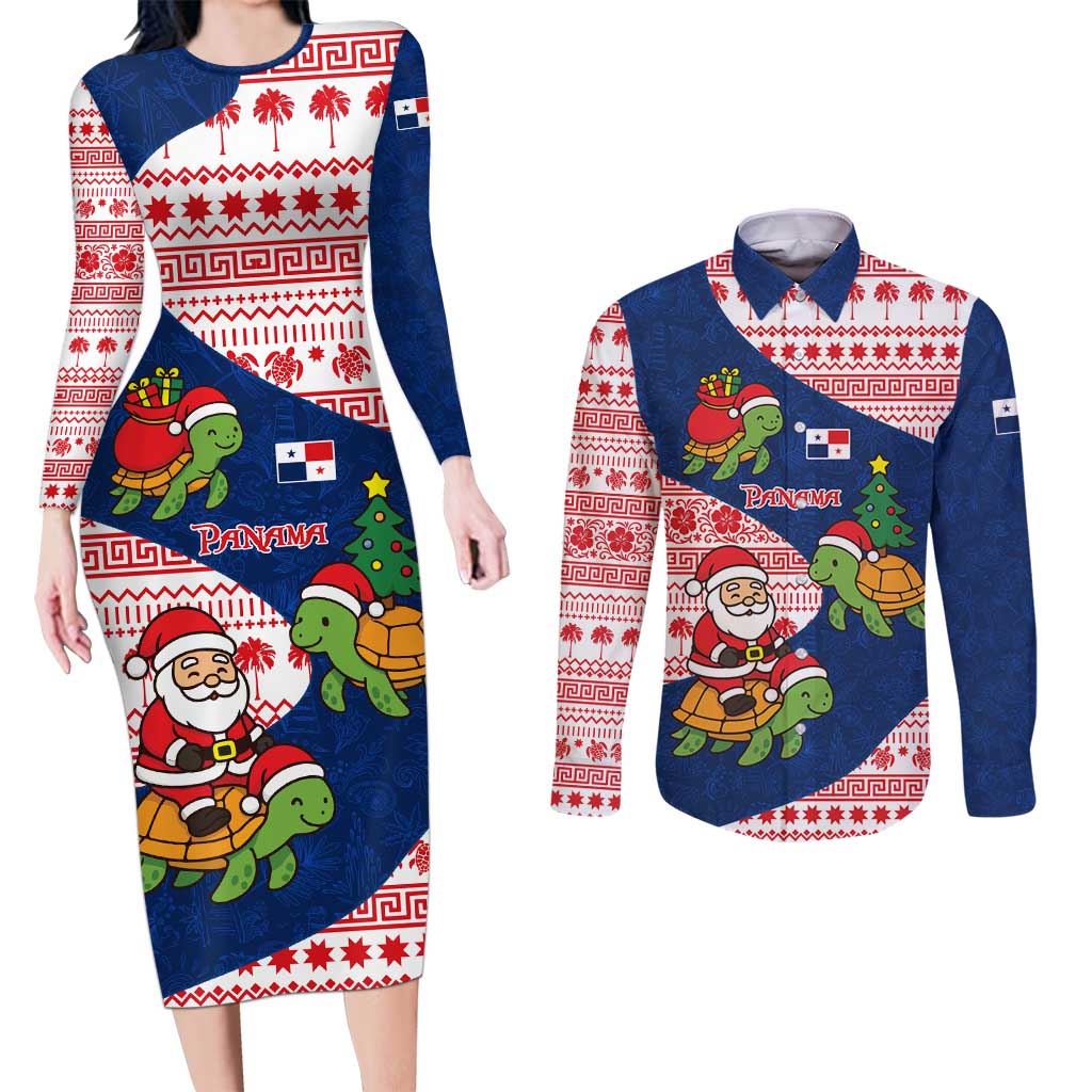 Panama Christmas Couples Matching Long Sleeve Bodycon Dress and Long Sleeve Button Shirt with Santa Claus Sea Turtles Holiday Tree and Red Blue Pattern Design - Wonder Print Shop