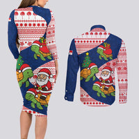 Panama Christmas Couples Matching Long Sleeve Bodycon Dress and Long Sleeve Button Shirt with Santa Claus Sea Turtles Holiday Tree and Red Blue Pattern Design - Wonder Print Shop