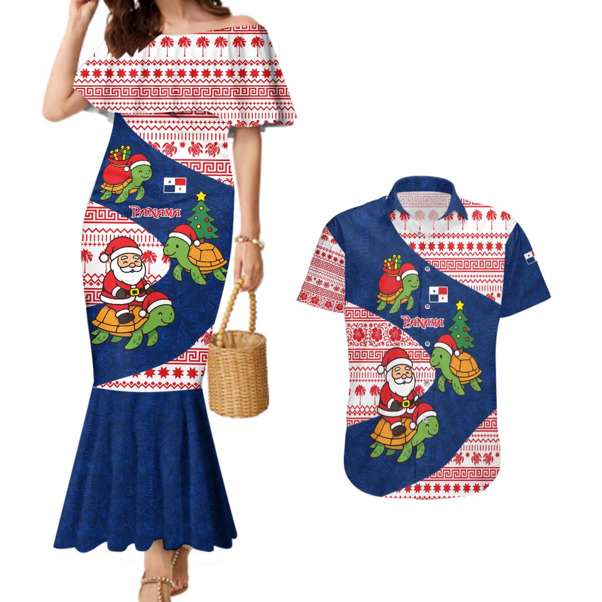 Panama Christmas Couples Matching Mermaid Dress and Hawaiian Shirt with Santa Claus Sea Turtles Holiday Tree and Red Blue Pattern Design - Wonder Print Shop