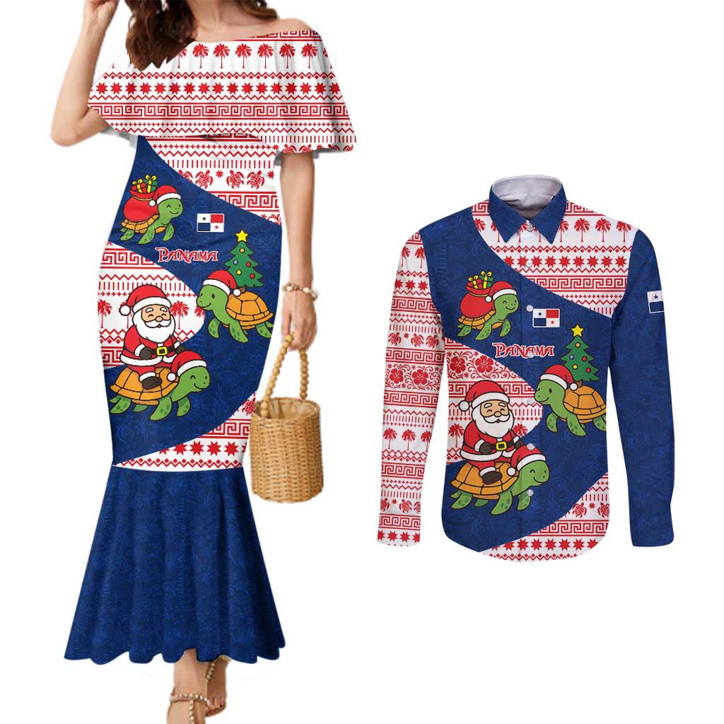 Panama Christmas Couples Matching Mermaid Dress and Long Sleeve Button Shirt with Santa Claus Sea Turtles Holiday Tree and Red Blue Pattern Design - Wonder Print Shop