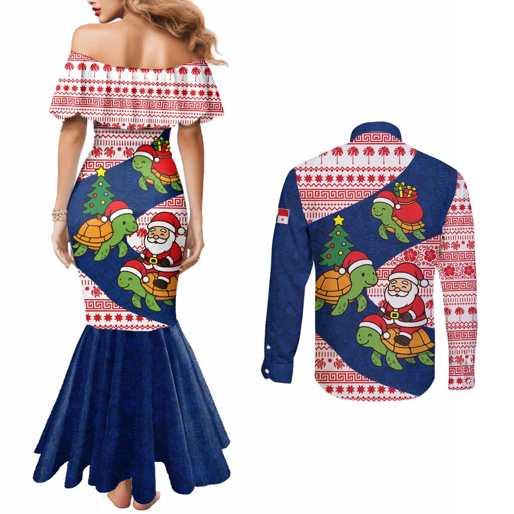 Panama Christmas Couples Matching Mermaid Dress and Long Sleeve Button Shirt with Santa Claus Sea Turtles Holiday Tree and Red Blue Pattern Design - Wonder Print Shop