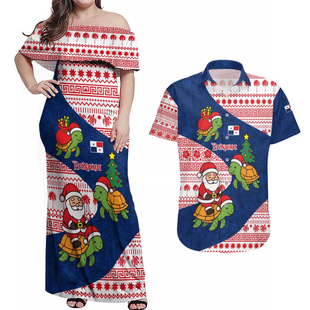 Panama Christmas Couples Matching Off Shoulder Maxi Dress and Hawaiian Shirt with Santa Claus Sea Turtles Holiday Tree and Red Blue Pattern Design - Wonder Print Shop