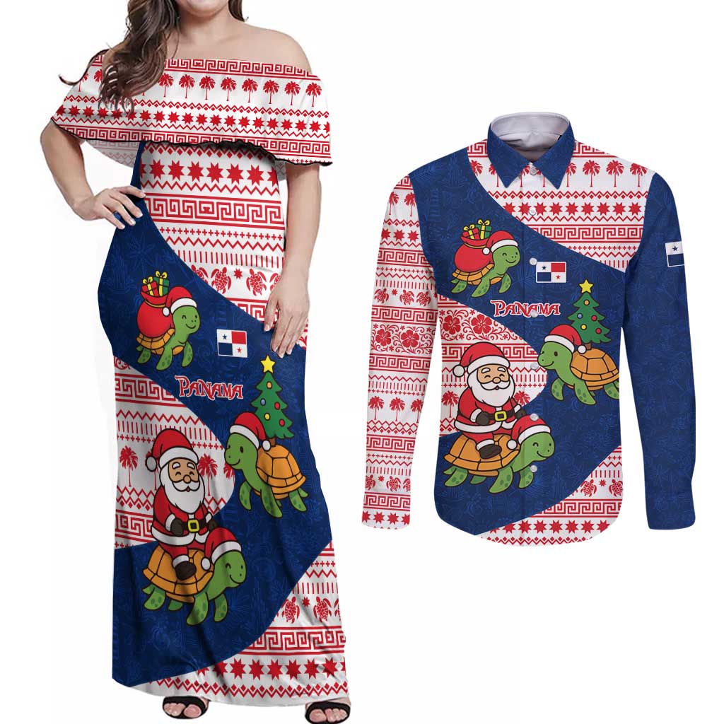 Panama Christmas Couples Matching Off Shoulder Maxi Dress and Long Sleeve Button Shirt with Santa Claus Sea Turtles Holiday Tree and Red Blue Pattern Design - Wonder Print Shop