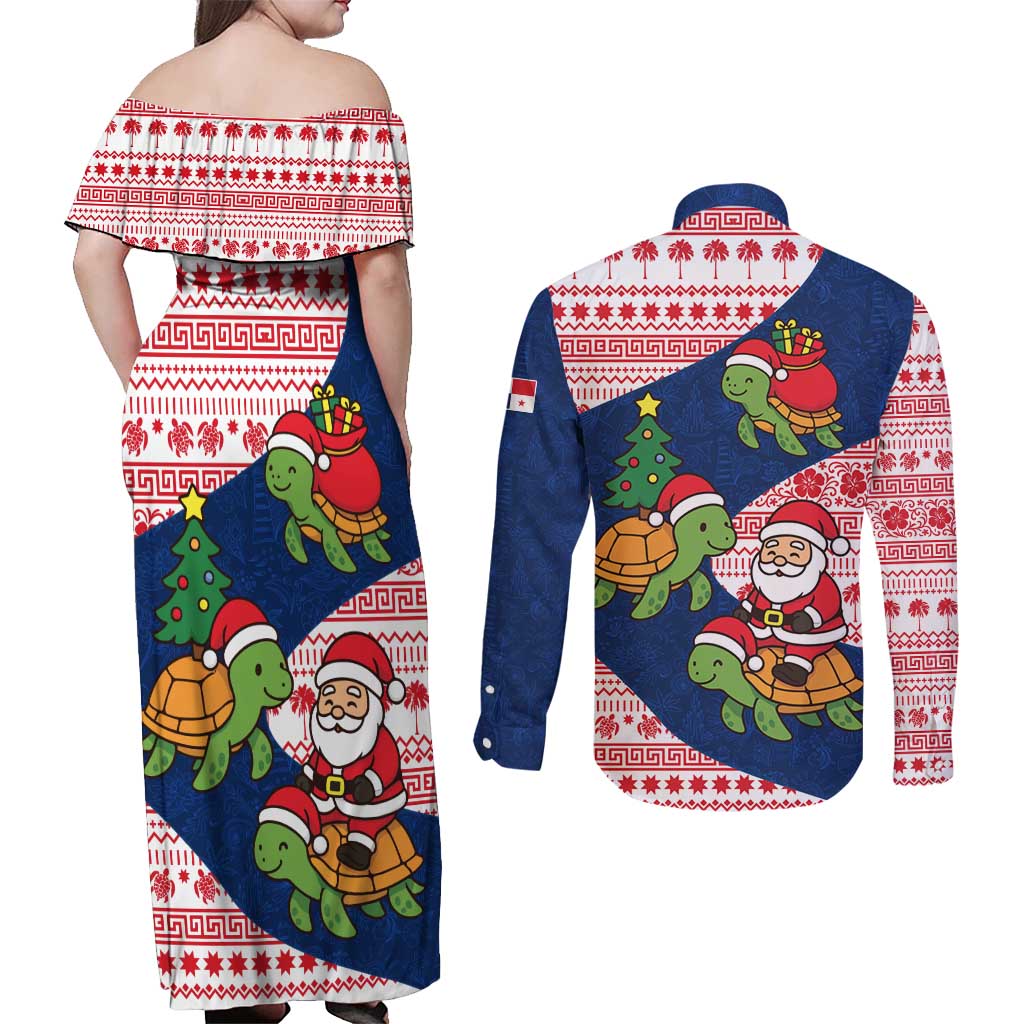 Panama Christmas Couples Matching Off Shoulder Maxi Dress and Long Sleeve Button Shirt with Santa Claus Sea Turtles Holiday Tree and Red Blue Pattern Design - Wonder Print Shop