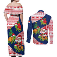 Panama Christmas Couples Matching Off Shoulder Maxi Dress and Long Sleeve Button Shirt with Santa Claus Sea Turtles Holiday Tree and Red Blue Pattern Design - Wonder Print Shop
