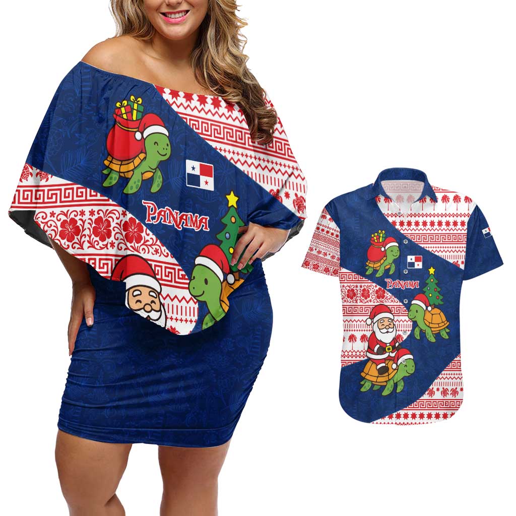 Panama Christmas Couples Matching Off Shoulder Short Dress and Hawaiian Shirt with Santa Claus Sea Turtles Holiday Tree and Red Blue Pattern Design - Wonder Print Shop
