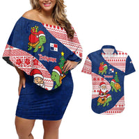 Panama Christmas Couples Matching Off Shoulder Short Dress and Hawaiian Shirt with Santa Claus Sea Turtles Holiday Tree and Red Blue Pattern Design - Wonder Print Shop