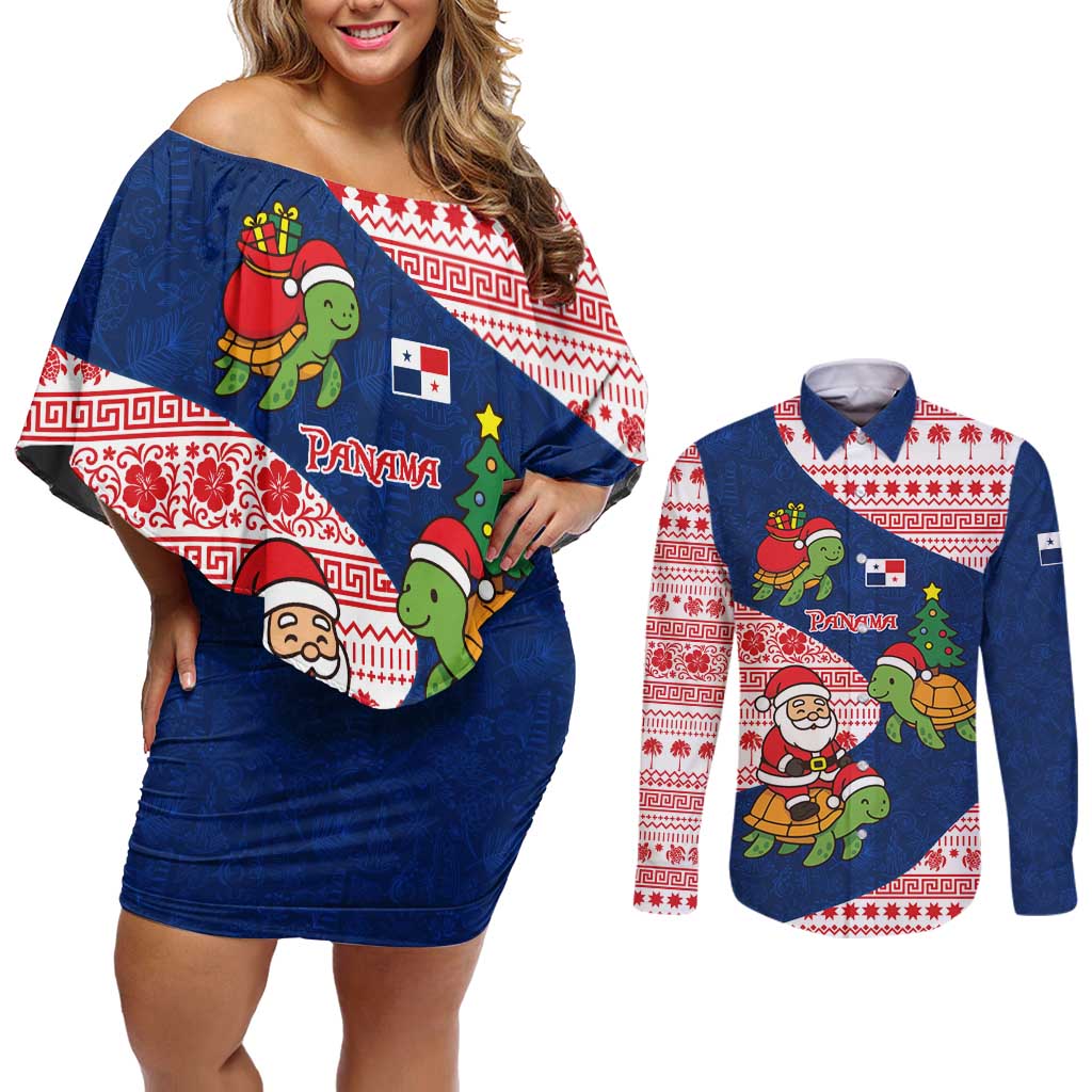 Panama Christmas Couples Matching Off Shoulder Short Dress and Long Sleeve Button Shirt with Santa Claus Sea Turtles Holiday Tree and Red Blue Pattern Design - Wonder Print Shop