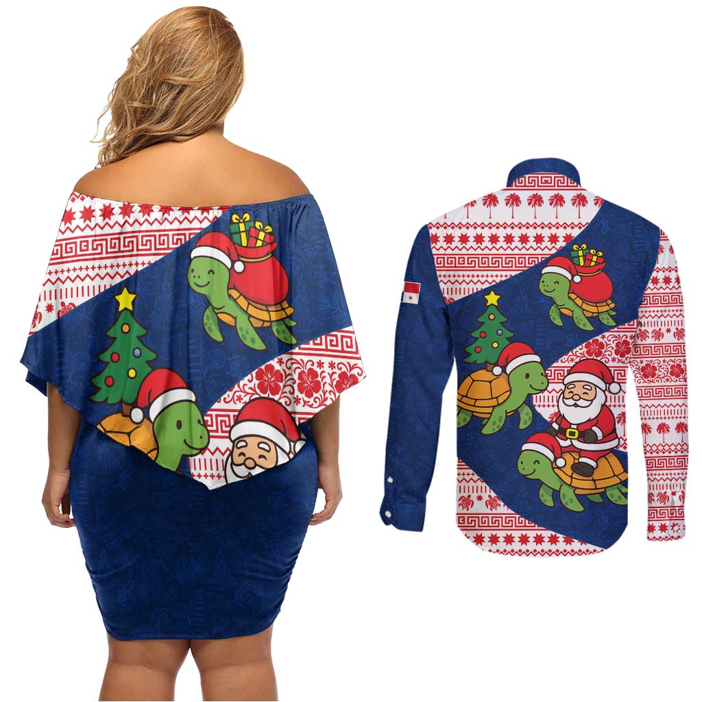 Panama Christmas Couples Matching Off Shoulder Short Dress and Long Sleeve Button Shirt with Santa Claus Sea Turtles Holiday Tree and Red Blue Pattern Design - Wonder Print Shop