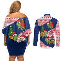 Panama Christmas Couples Matching Off Shoulder Short Dress and Long Sleeve Button Shirt with Santa Claus Sea Turtles Holiday Tree and Red Blue Pattern Design - Wonder Print Shop