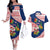 Panama Christmas Couples Matching Off The Shoulder Long Sleeve Dress and Hawaiian Shirt with Santa Claus Sea Turtles Holiday Tree and Red Blue Pattern Design - Wonder Print Shop