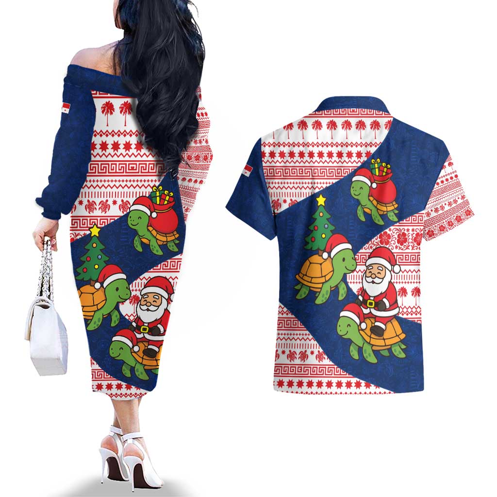 Panama Christmas Couples Matching Off The Shoulder Long Sleeve Dress and Hawaiian Shirt with Santa Claus Sea Turtles Holiday Tree and Red Blue Pattern Design - Wonder Print Shop