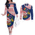 Panama Christmas Couples Matching Off The Shoulder Long Sleeve Dress and Long Sleeve Button Shirt with Santa Claus Sea Turtles Holiday Tree and Red Blue Pattern Design - Wonder Print Shop