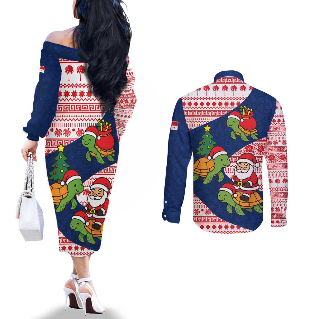 Panama Christmas Couples Matching Off The Shoulder Long Sleeve Dress and Long Sleeve Button Shirt with Santa Claus Sea Turtles Holiday Tree and Red Blue Pattern Design - Wonder Print Shop