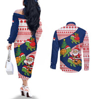 Panama Christmas Couples Matching Off The Shoulder Long Sleeve Dress and Long Sleeve Button Shirt with Santa Claus Sea Turtles Holiday Tree and Red Blue Pattern Design - Wonder Print Shop