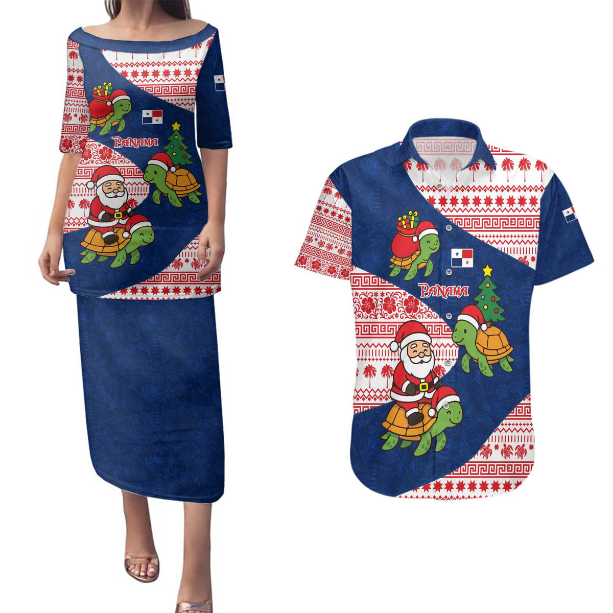 Panama Christmas Couples Matching Puletasi and Hawaiian Shirt with Santa Claus Sea Turtles Holiday Tree and Red Blue Pattern Design - Wonder Print Shop