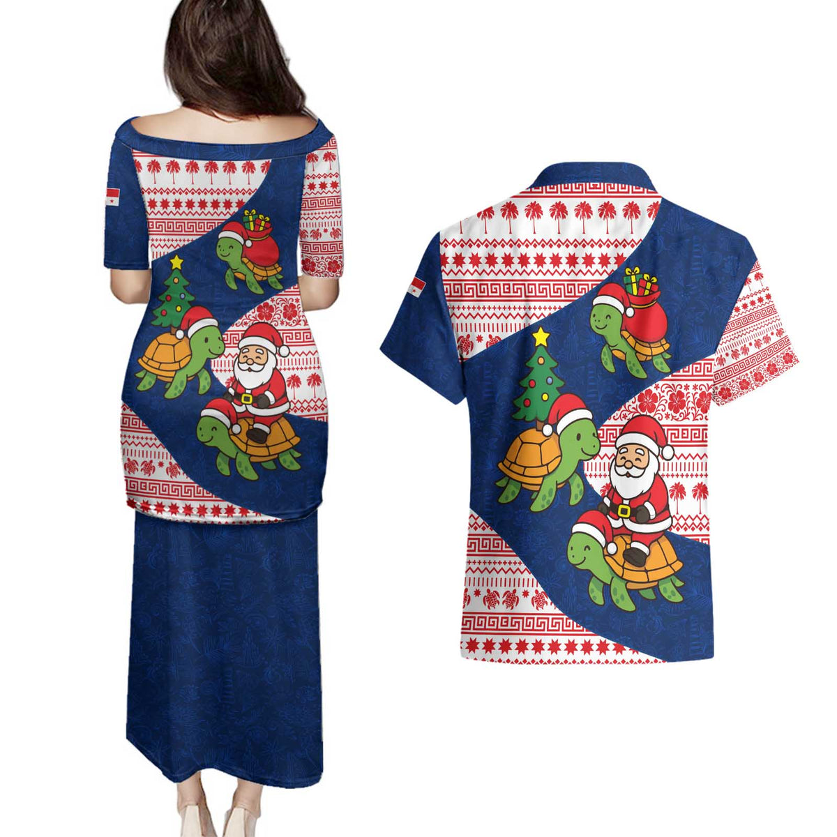 Panama Christmas Couples Matching Puletasi and Hawaiian Shirt with Santa Claus Sea Turtles Holiday Tree and Red Blue Pattern Design - Wonder Print Shop