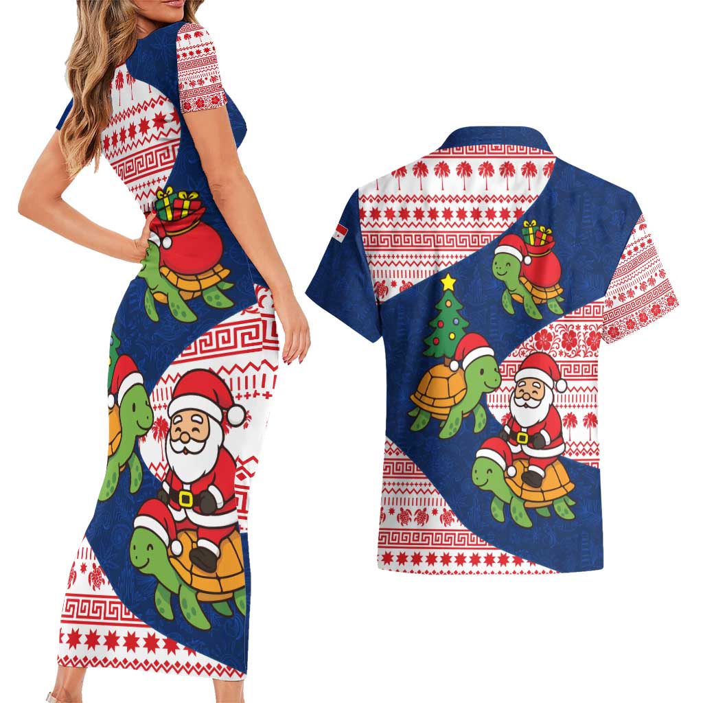 Panama Christmas Couples Matching Short Sleeve Bodycon Dress and Hawaiian Shirt with Santa Claus Sea Turtles Holiday Tree and Red Blue Pattern Design - Wonder Print Shop