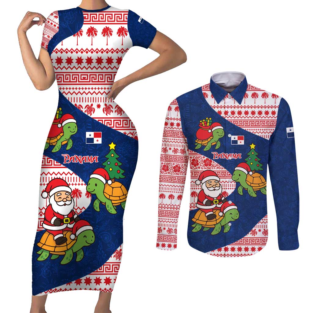 Panama Christmas Couples Matching Short Sleeve Bodycon Dress and Long Sleeve Button Shirt with Santa Claus Sea Turtles Holiday Tree and Red Blue Pattern Design - Wonder Print Shop
