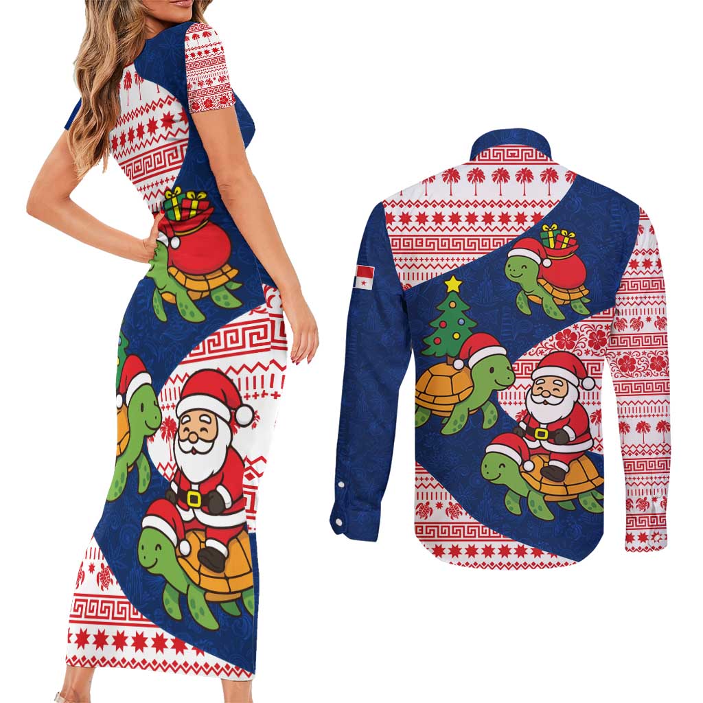 Panama Christmas Couples Matching Short Sleeve Bodycon Dress and Long Sleeve Button Shirt with Santa Claus Sea Turtles Holiday Tree and Red Blue Pattern Design - Wonder Print Shop