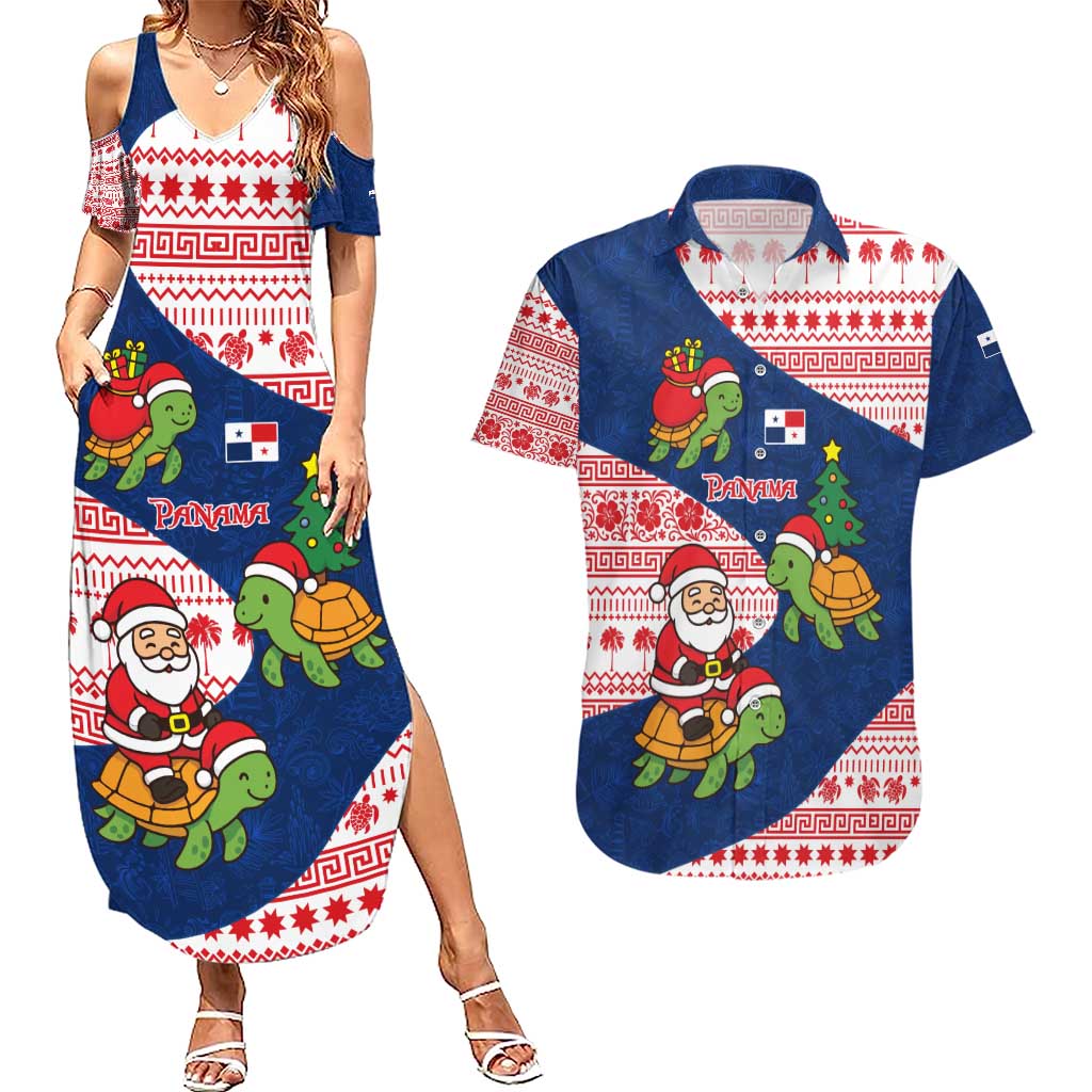Panama Christmas Couples Matching Summer Maxi Dress and Hawaiian Shirt with Santa Claus Sea Turtles Holiday Tree and Red Blue Pattern Design - Wonder Print Shop