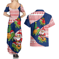 Panama Christmas Couples Matching Summer Maxi Dress and Hawaiian Shirt with Santa Claus Sea Turtles Holiday Tree and Red Blue Pattern Design - Wonder Print Shop